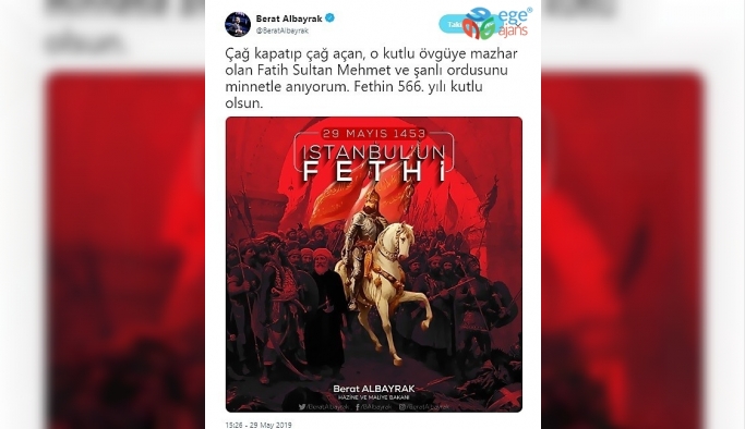 Maliye ve Hazine Bakanı Albayrak: "Fethin 566’ncı yılı kutlu olsun"
