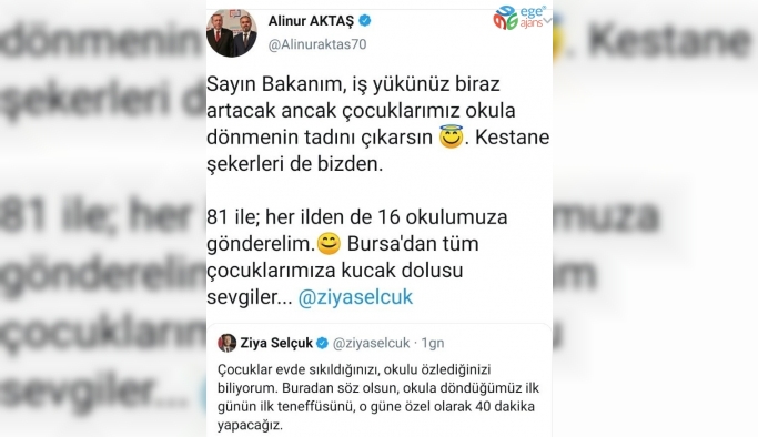 Bursa Büyükşehir Belediye Başkanı Alinur Aktaş’dan 81 ildeki 16 okula kestane şekeri