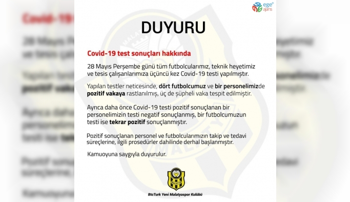 Yeni Malatyaspor’da 4 futbolcu ve 1 personel de korona virüs çıktı