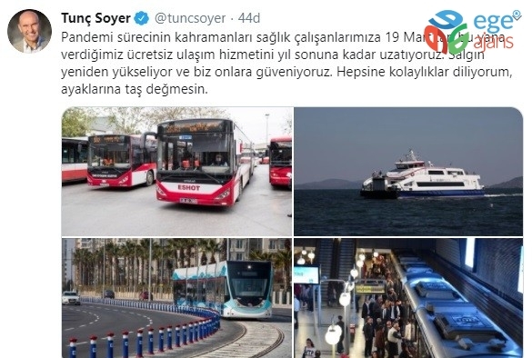 İzmir’de sağlık çalışanlarına ücretsiz ulaşım yıl sonuna kadar devam edecek